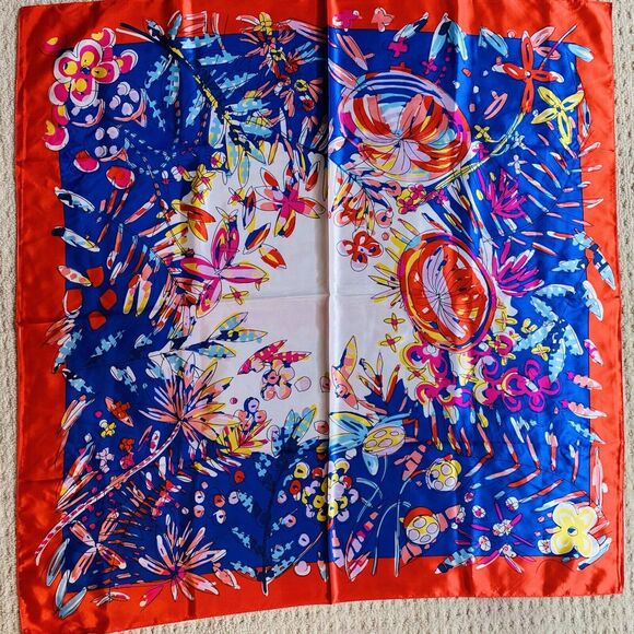 Blue & Red Silky Feel Satin Scarf Colorful Bandana Modern Art Floral 36” Square - Picture 2 of 8